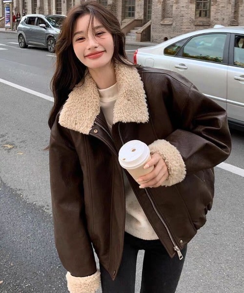 ブルゾン アウター フェイクレザー 襟ボア切り替え レディース