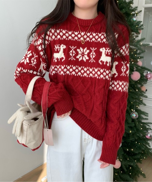 ニット セーター ノルディック柄ケーブル編みニット／ゆるシルエット