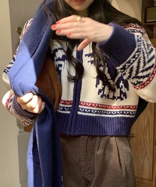 SHEENA（シーナ） カーディガン ノルディック柄カウチンジップニット