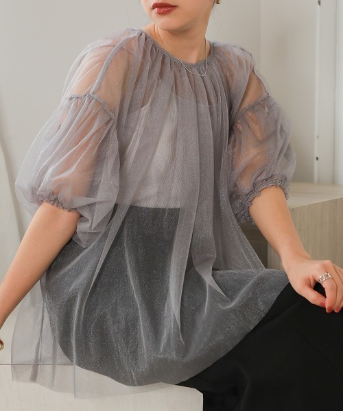 BAB（バブ） tシャツ ラメチュールギャザートップス レディース