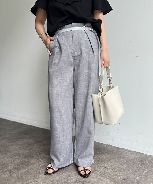 Chez toi パンツ メタリックベルトリネンワイドパンツ