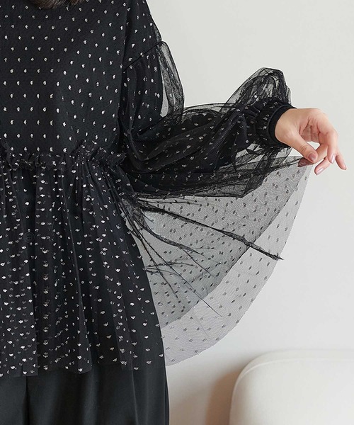 Jines（ジネス） ブラウス シャツ ラメドットチュールトップス