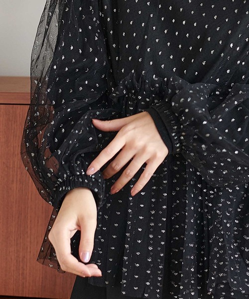 Jines（ジネス） ブラウス シャツ ラメドットチュールトップス