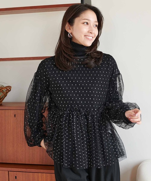 Jines（ジネス） ブラウス シャツ ラメドットチュールトップス