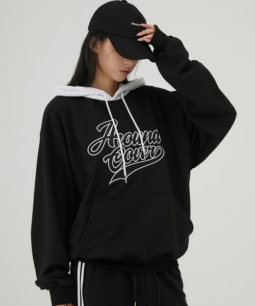 パーカー A'GEM/9 × .kom 「ACOVER/オコボ」 Log Applique Clour Brloked Hoodie/ロゴアップリケ