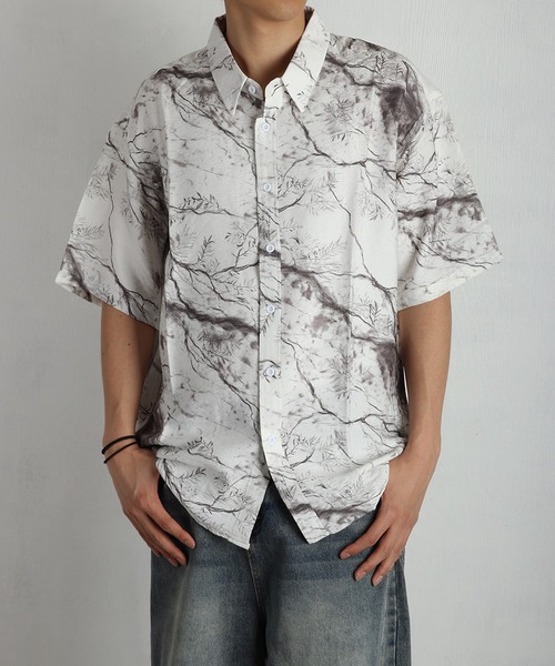 WESTSEA（ウエストシー） シャツ 半袖 モノトーン 総柄プリントシャツ