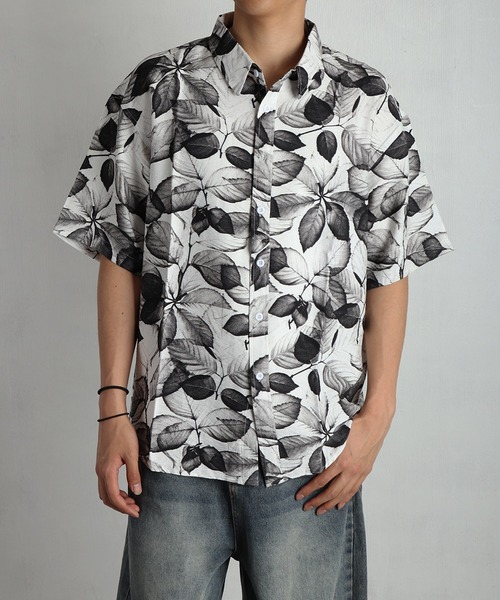 WESTSEA（ウエストシー） シャツ 半袖 モノトーン 総柄プリントシャツ