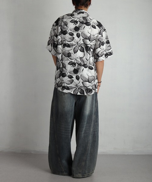 WESTSEA（ウエストシー） シャツ 半袖 モノトーン 総柄プリントシャツ