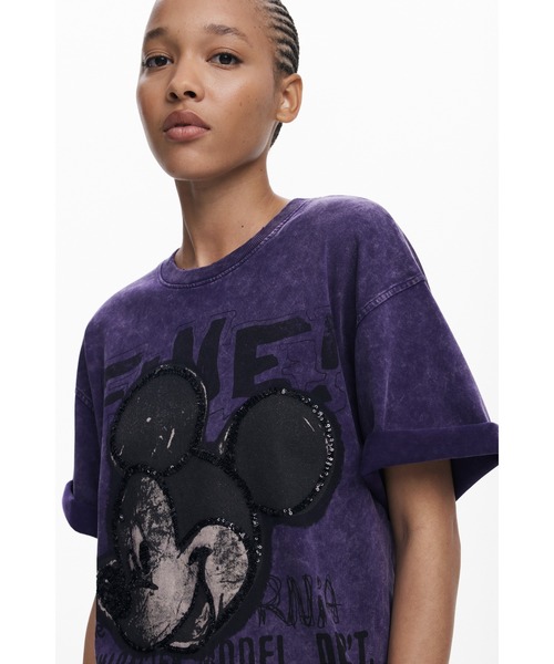 Desigual tシャツ ヴィンテージ風ミッキーマウススパンコールT