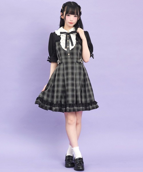 Secret Honey 半袖ミニワンピース チェック柄 黒 Secret Honey（シークレットハニー） ワンピース 半袖 ハートバックル