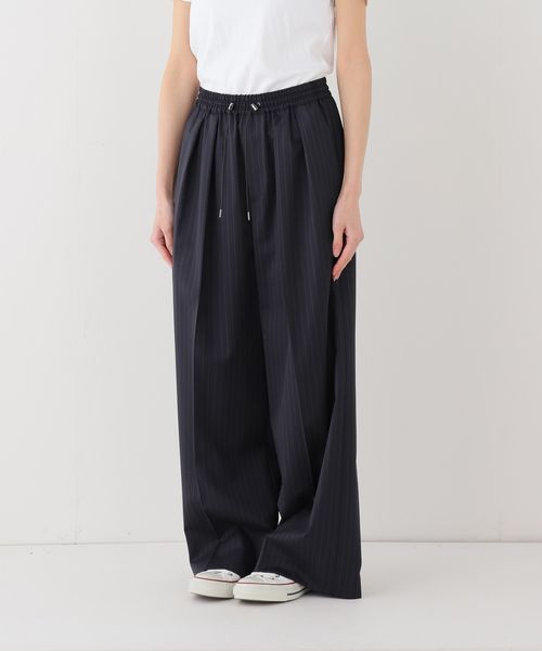 ワイドパンツ スラックス パンツ 「洗える」TWストライプワイドパンツ レディースの画像