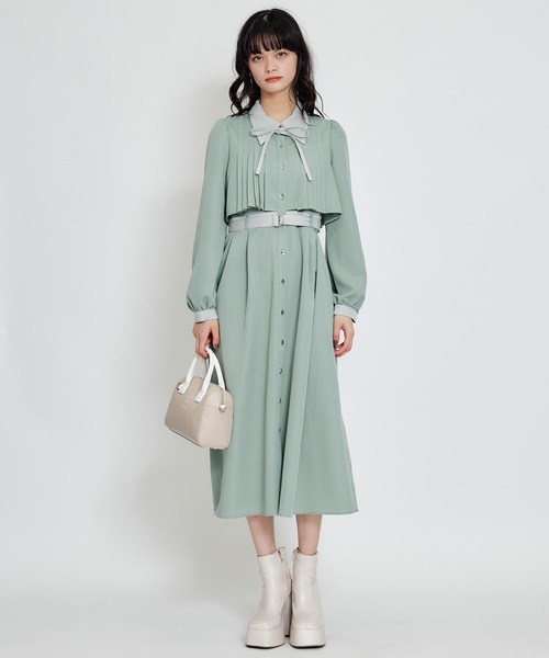 【美品】ロングワンピース プリーツ ボウタイ リボン フレア 通年着用できるジョーゼット素材 ボウタイリボンプリーツフレア