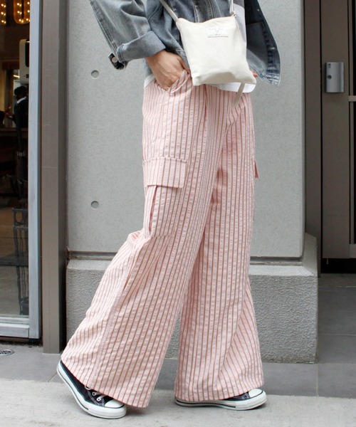 ワイドパンツ パンツ 楽に穿けてこなれ見え。ストライプカーゴワイド