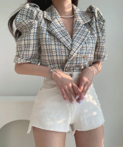 Aelina コート アウター チェック柄パフスリーブ半袖ジャケット