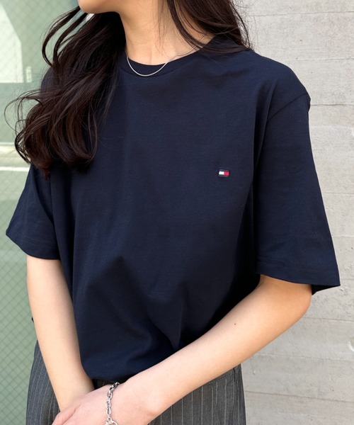 トミーヒルフィガー Tシャツ   トリコロールカラーフラッグロゴ フラミンゴピンク レディース Sサイズ TOMMY HILFIGER トミーヒルフィガー Tシャツ Tommy Hilfiger