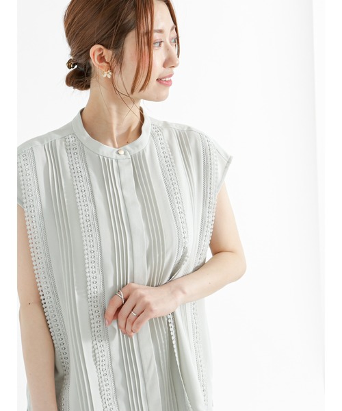 ブラウス シャツ ピンタック＆レースブラウス レディース Lace Ladies ブラウス シャツ バイカラー ピンタック ティア