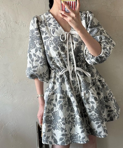 DAY CLOSET ワンピース レディース 花柄パフスリーブ切り替え