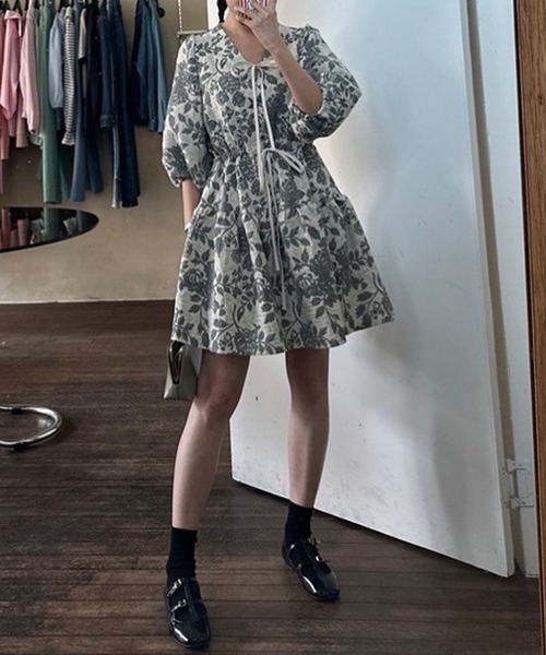 DAY CLOSET ワンピース レディース 花柄パフスリーブ切り替え
