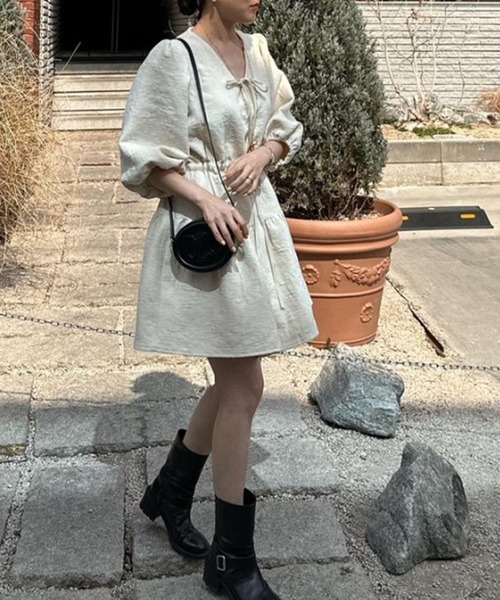 DAY CLOSET ワンピース レディース 花柄パフスリーブ切り替え