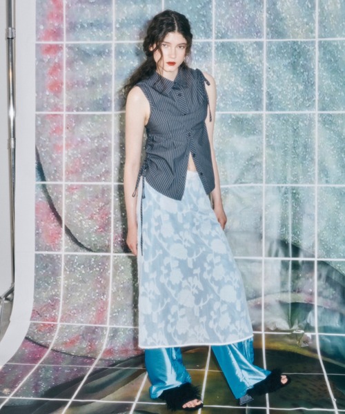 シャツ ブラウス asymmetry shirring ribbon BL / アシンメトリー 
