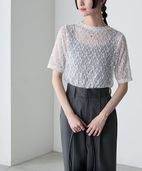 forksy. tシャツ 「forksy.」フラワーレースシアー半袖トップス