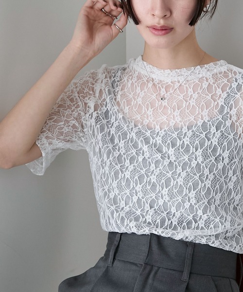 forksy. tシャツ 「forksy.」フラワーレースシアー半袖トップス