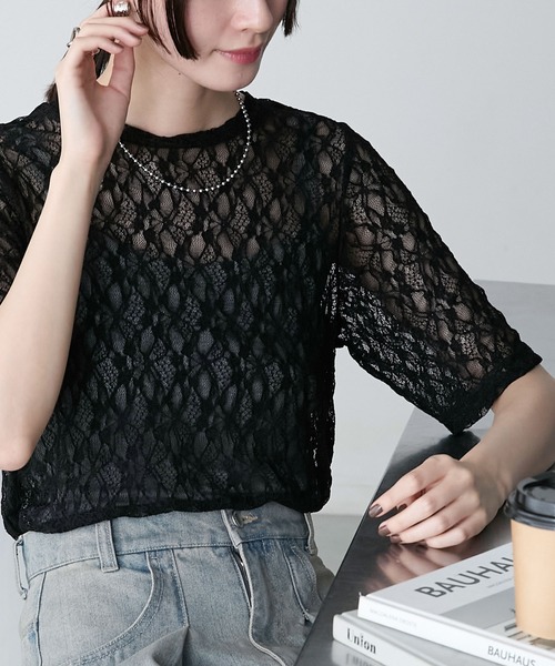 人気 半袖 使える ホワイト レース Tシャツ フラワー forksy. tシャツ 「forksy.」フラワーレースシアー半袖トップス