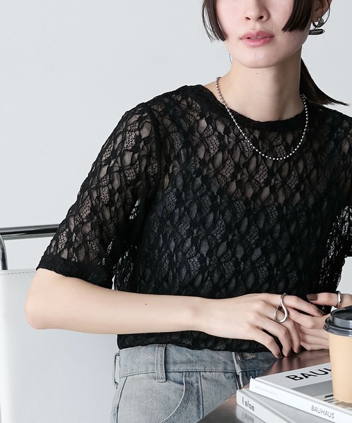 forksy. tシャツ 「forksy.」フラワーレースシアー半袖トップス