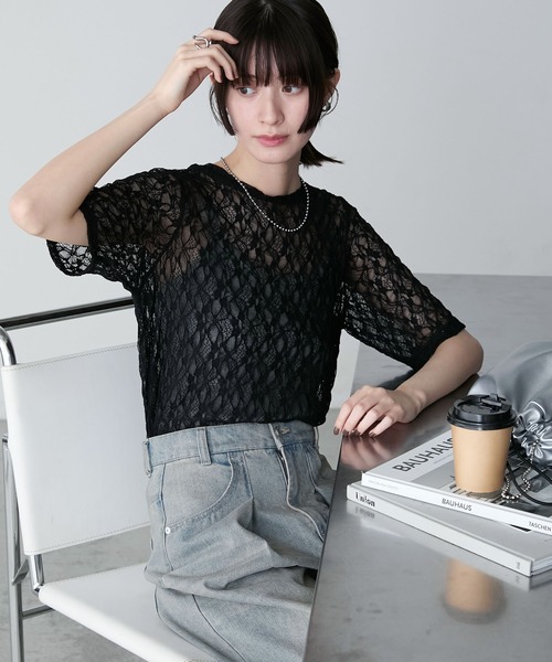 forksy. tシャツ 「forksy.」フラワーレースシアー半袖トップス