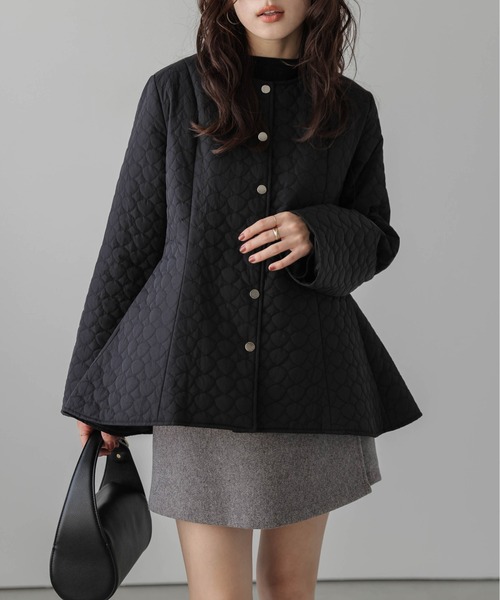 ノーカラーコート コート ペプラムキルティングコート レディース