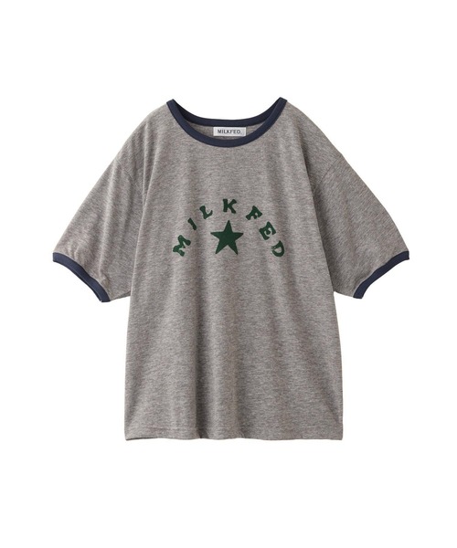 ミルクフェド レディース 半袖Tシャツ リンガーTシャツ トップス おすすめ ブランド | MILKFED. LOGO AND STAR FLOCKY PRINT RINGER TEE【103252013003】 爆買 MILKFED. tシャツ LOGO AND STAR FLOCKY PRINT RINGER TEE