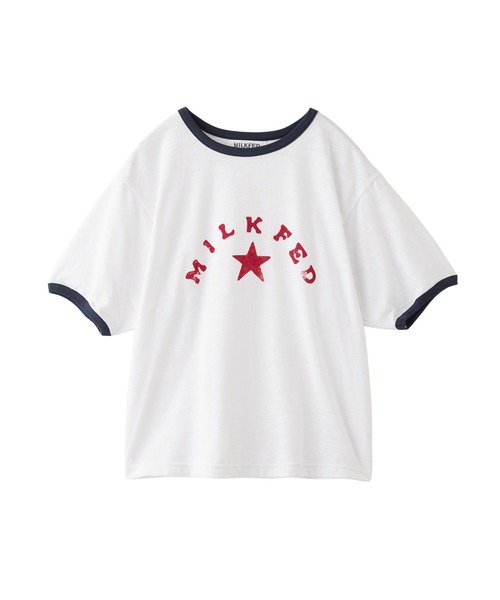 ミルクフェド レディース 半袖Tシャツ リンガーTシャツ トップス おすすめ ブランド | MILKFED. LOGO AND STAR FLOCKY PRINT RINGER TEE【103252013003】 爆買 MILKFED. tシャツ LOGO AND STAR FLOCKY PRINT RINGER TEE