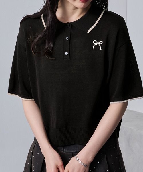 nui nullu ポロシャツ ポロ 「nui nullu」リボン刺繍バイカラー