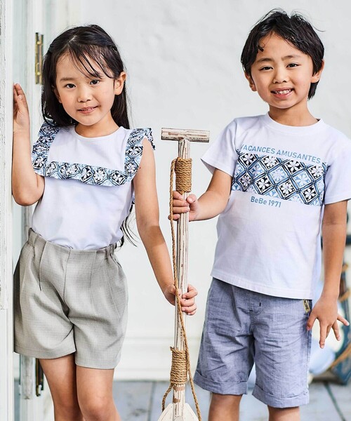 専用　ハンドメイド　トップス　100 BeBe tシャツ 「お揃い」復刻アーカイブタイル柄スクエアフリル