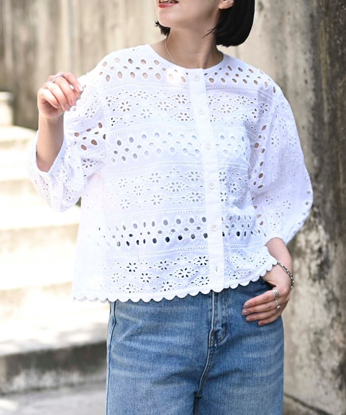 ブラウス シャツ インド綿カットワーク刺繍コクーンシャツ（インド綿.インドコットン.コットン100%，綿100%） レディース