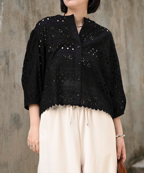 ブラウス シャツ インド綿カットワークブラウス レディース ＆HALF ブラウス シャツ インド綿カットワーク刺繍コクーン