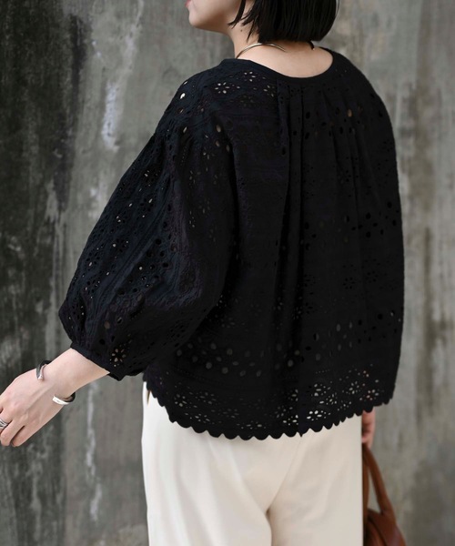＆HALF ブラウス シャツ インド綿カットワーク刺繍コクーン