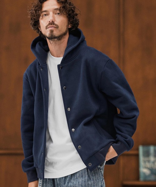 ◯45R【洗える】フード スウェット ボタン パーカー 日本製 スウェットパーカー メンズ ジャケット ボタンパーカー フード付き