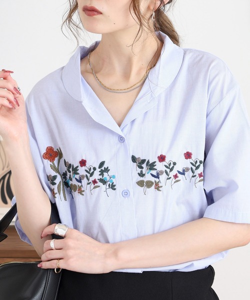 ブラウス シャツ EMAGO 花刺繍ストライプシャツ レディース