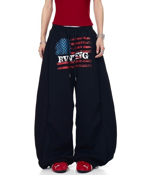 重ね着風 スウェット ワイドパンツ 3 番 USA ロゴ サイズ M mushwear（マッシュウェア） ワイドパンツ スウェットパンツ ジャージ