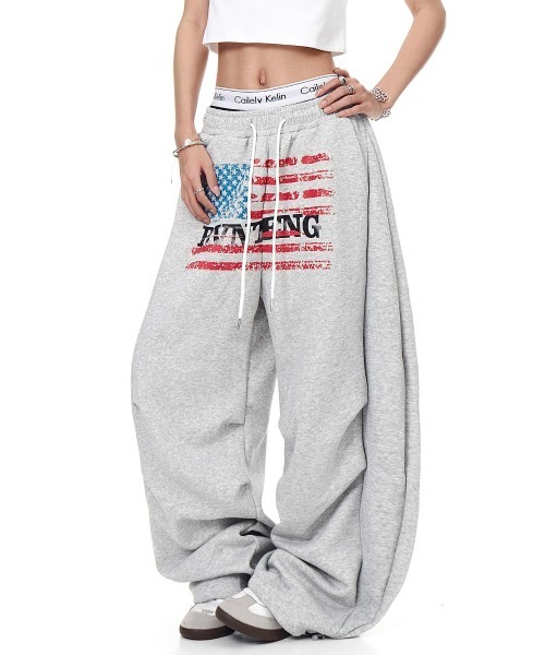 重ね着風 スウェット ワイドパンツ 3 番 USA ロゴ サイズ M mushwear（マッシュウェア） ワイドパンツ スウェットパンツ ジャージ