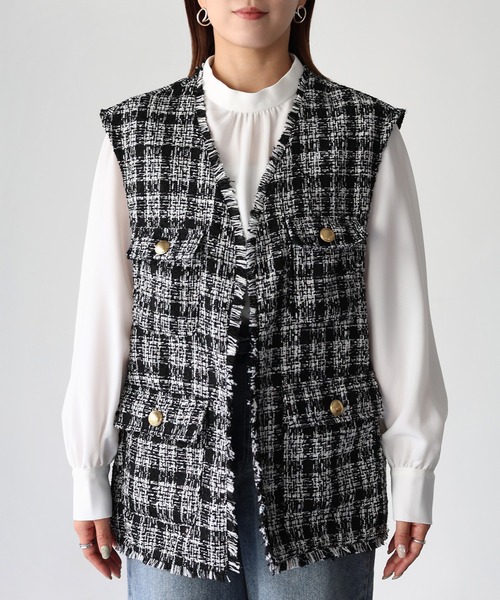 「Riberry」 ベスト MEDIUM ブラック×ホワイト レディース_画像8