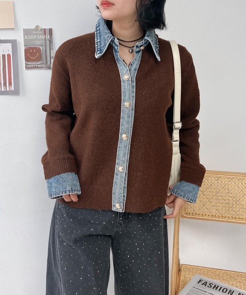 新品ダイアグラムブラウン ボタン付きカーディガン AS KNOW AS（アズノゥアズ） カーディガン 金ボタン デニム切替