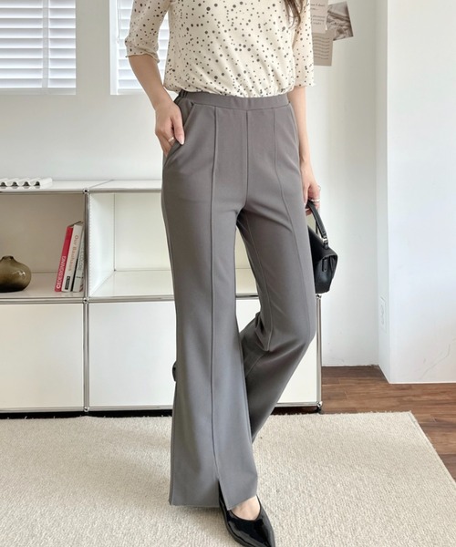 umune パンツ フレアパンツ スリット スラックス センターライン 美脚