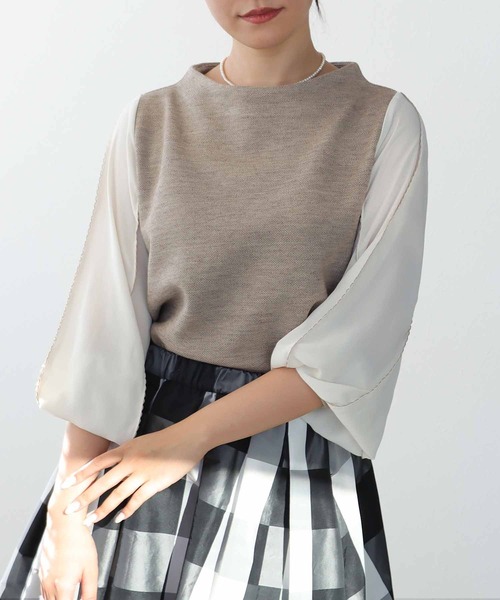 tシャツ 袖刺繍異素材ハイネックプルオーバー レディース Jines tシャツ 袖刺繍異素材ハイネックプルオーバー レディース