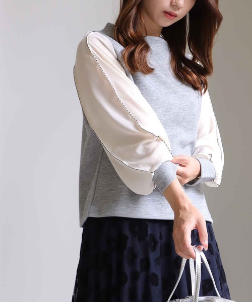 Jines tシャツ 袖刺繍異素材ハイネックプルオーバー レディース