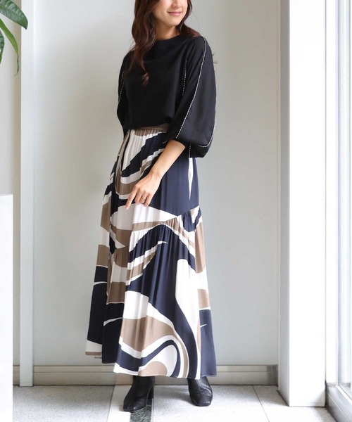 Jines tシャツ 袖刺繍異素材ハイネックプルオーバー レディース