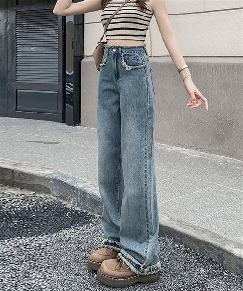 フリンジデニムパンツワイドジーパン着回しおしゃれ FREE STYLISTS ジーンズ デニム デニムパンツ フリンジデニム