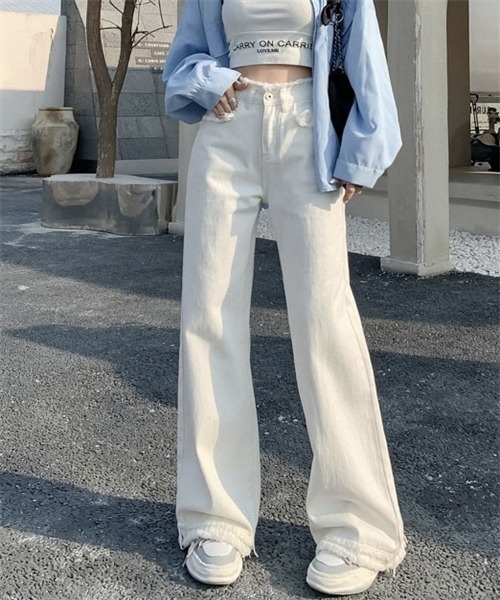 フリンジデニムパンツワイドジーパン着回しおしゃれ FREE STYLISTS ジーンズ デニム デニムパンツ フリンジデニム