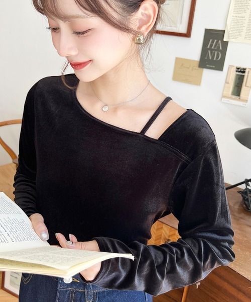 moment+ tシャツ アシンメトリーネックシャイニーベロアトップス